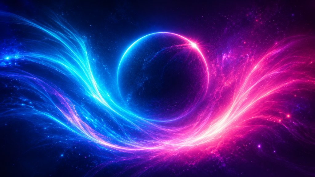 Glowing planet surrounded by blue and pink cosmic light trails for Made of Light by ALIMA and Simon T.P.