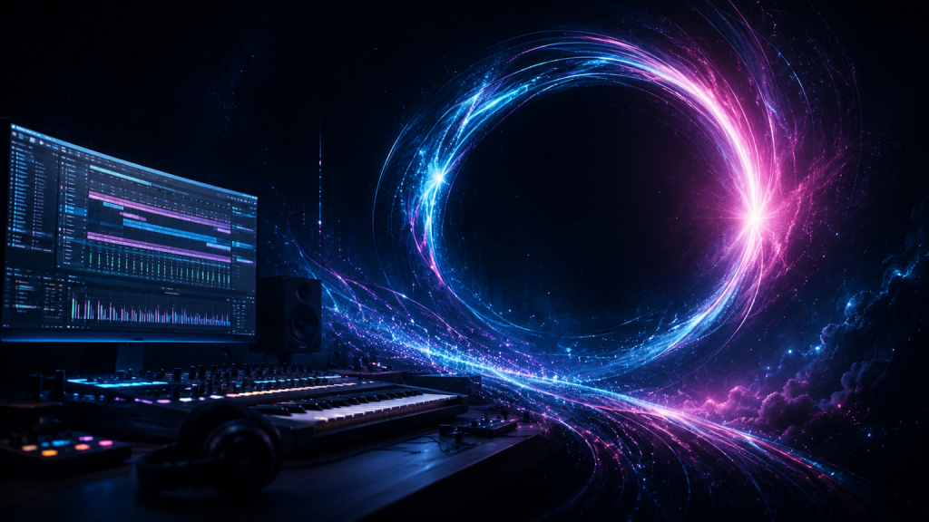 Futuristic music studio with synthesizers and a glowing cyan and magenta light portal, representing the production story behind Made of Light by ALIMA and Simon T.P.