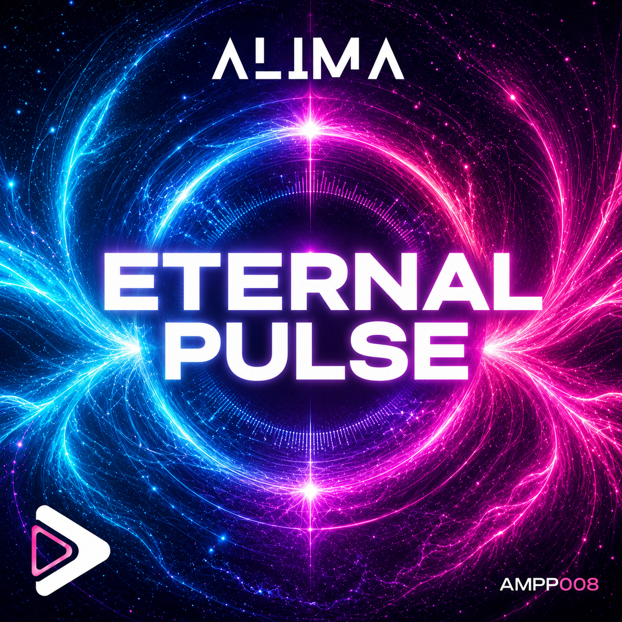 Official cover artwork for Eternal Pulse by ALIMA, featuring a futuristic glowing pulse in cyan, blue, violet and pink tones against a dark atmospheric background
