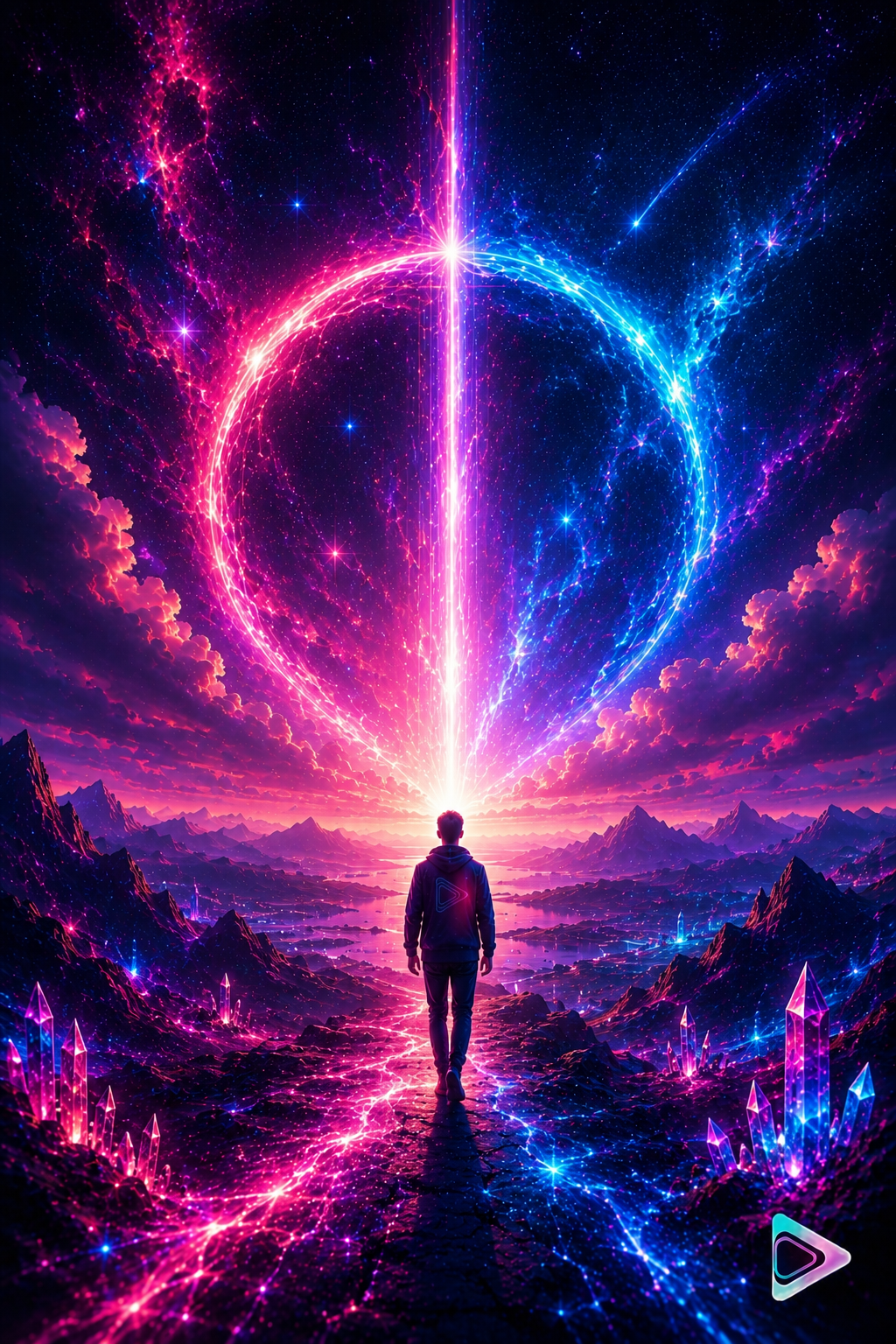 A lone traveler walks through a glowing pink and cyan crystalline landscape toward a radiant horizon, beneath a massive cosmic ring of light and a star-filled sky.