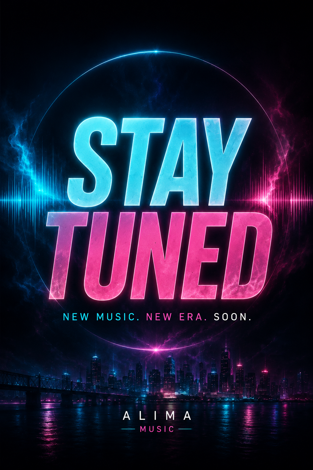 Neon Stay Tuned graphic in ALIMA brand colors announcing new music coming soon